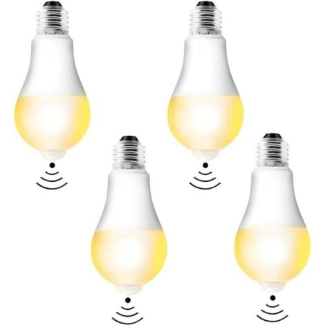 Pack de 4 ampoules LED E27 avec détecteur de mouvement Ampoule LED PIR Lampe 12W blanc chaud 3000K capteur de lumière lampe à économie d'énergie E27 pour couloir, garage, escaliers, balcon