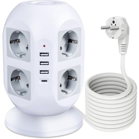 Multiprise avec Protection Contre Les surtensions 3000 W 13 A, multiprise avec 8 Prises, 3 USB et 1 USB C, Prise Multiple avec Rallonge Electrique 2M, Prise de Distribution Socket Tower