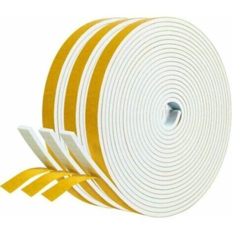 Joint adhésif Porte entree Fenetre 3 rouleaux 12mm x 3mm x 5m Joint Isolation en Mousse Caoutchouc Joint Antichoc Contre courants d'air Protection Meuble Mur Poignée -Mousse blanc film jaune (1/5)