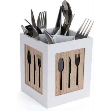 Boîte à couverts en bois - Panier à couverts pour cuillère, fourchette, couteau - Range-couverts décoratif avec motif couverts - Pour table à manger, cuisine, restaurant - Blanc (1/5)
