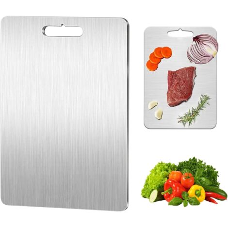 Planche à découper en titane - En acier inoxydable des deux côtés - Sans BPA - Pour la cuisine, la viande, le pain, les légumes, les fruits (34 x 23 cm)