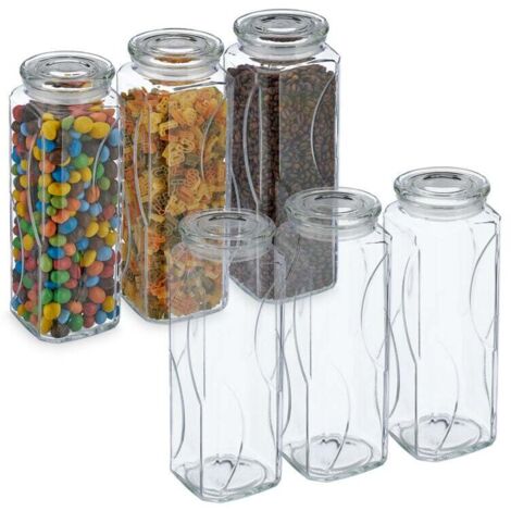 Bocal en verre avec couvercle, lot pratique de 6, 1650 ml, rectangulaire, hermétique, transparent (1/5)