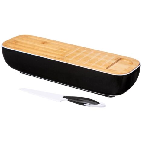 5Five Simply Smart – Boîte à baguette en bambou noir avec couteau et planche de service – Longueur 40 cm – Pour conservation et découpe du pain