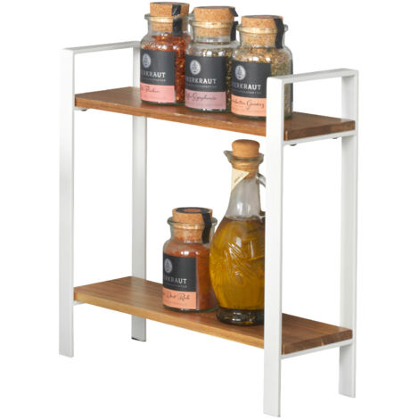 Wenko – Étagère à épices 2 niveaux en bois d'acacia et métal blanc – Dimensions 32 x 33 x 11 cm – Pieds antidérapants pour stabilité (1/5)