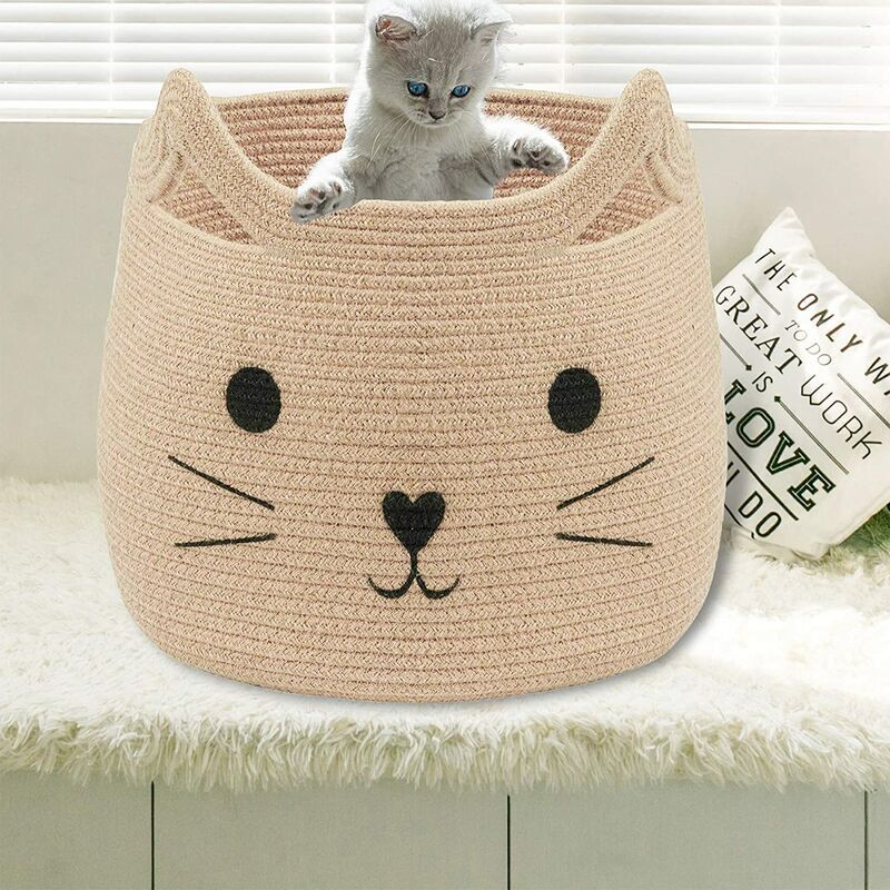 SANWOOD Panier Rangement Corde Coton Oreilles De Chat - Paniers Mignons Pour Chat/Chien, Jouets, Cosmétiques, Déco Bohème Beige