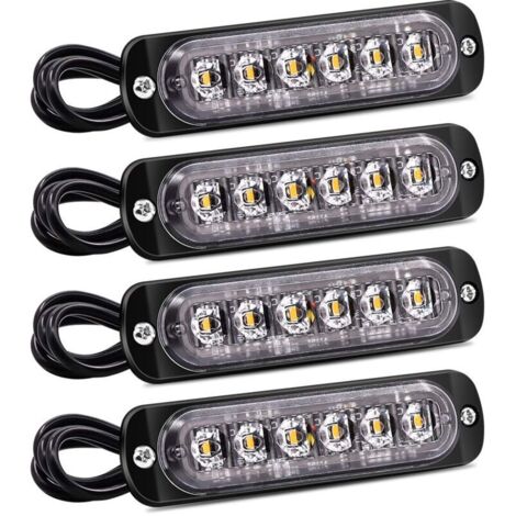 Lot de 4 feux latéraux stroboscopiques à 6 LED - Barre lumineuse de danger jaune - Signal de dysfonctionnement - Feux clignotants d'urgence étanches 12 V 24 V universels pour voiture camion