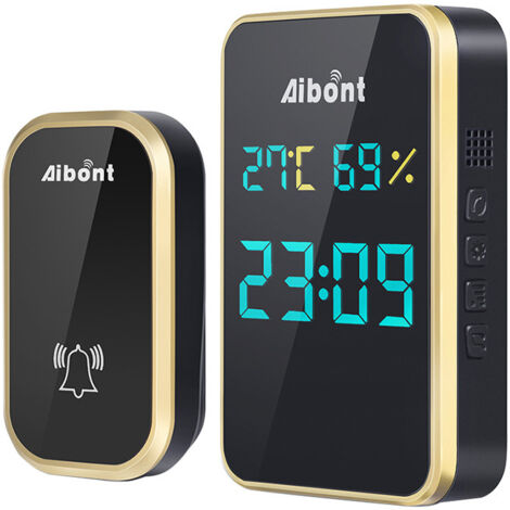 Sonnette sans fil sans batterie-ABS-extérieur étanche automatique sans piles, affichage de la température, de l'humidité et de l'heure-noir (1/4)