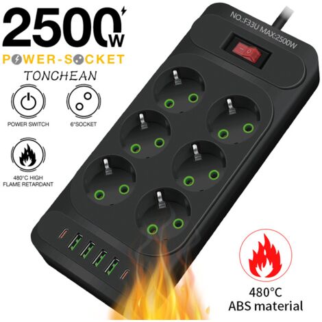 Multiprise Murale 6 Prises et 4 USB avec 2 USB C, Electrique 12 en 1, Multiprise Secteur pour la Maison Le Bureau Noir