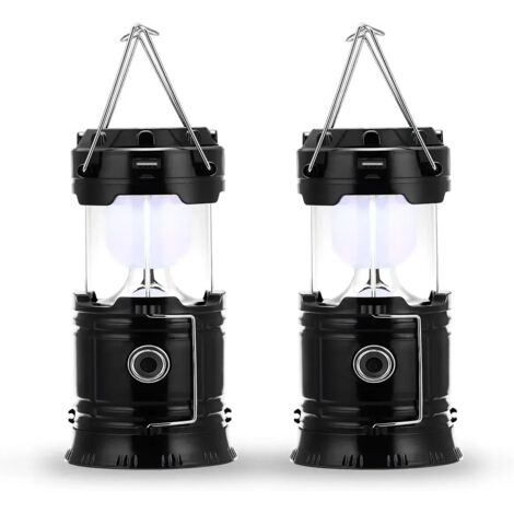 Lampe de camping à LED, prise et rechargeable solaire, avec batterie externe, étanche et coupe-vent, pour randonnée, camping, urgence, ouragan, pêche de nuit, IP66 étanche, pack de 2 [Classe énergétiq (1/5)