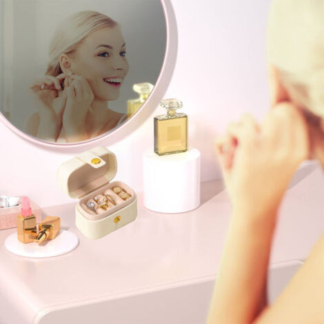 Organisateur De Bijoux En Cuir PU Mignon Avec Miroir - Mini Boîte Portable Pour Voyage, Bagues, Boucles D'Oreilles, Colliers - Blanc