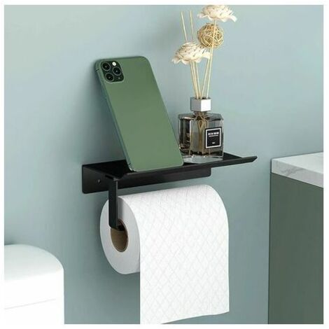 Porte-Papier Toilette Support Mural en Aluminium (Perforé/Non perforé) Porte-Rouleau avec étagères Spacieuses,Support Mural pour Papier Toilette pour Toilettes et Cuisines(Noir)