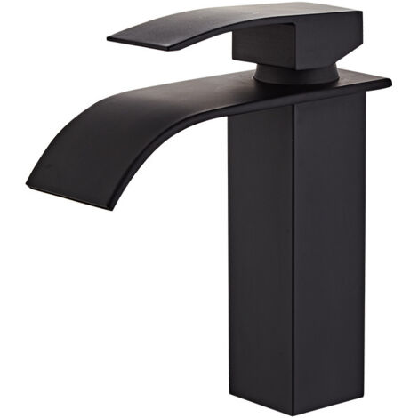 Mélangeur de robinet de lavabo cascade noir, robinet de salle de bains moderne à poignée unique pour robinet d'évier de comptoir adapté à l'évier intégré (1/5)