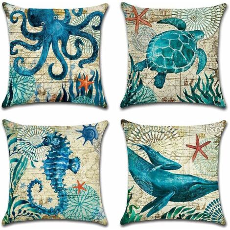Extérieur Housse de Coussin, Lot de 4 Imperméable La Vie Marine Bleue Motif Canapé Taie d'oreiller pour Patio Jardin Salon Chambre Décoration, 45x45cm (1/5)