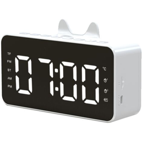 Q9 Horloge BT Horloge Digital Haut-Parger Reveil Horloge LED ecran FM Radio Prise en charge de la carte 32 Go de carte TF Jouer avec un cable de charge USB, blanc, Ensoleillé (1/5)
