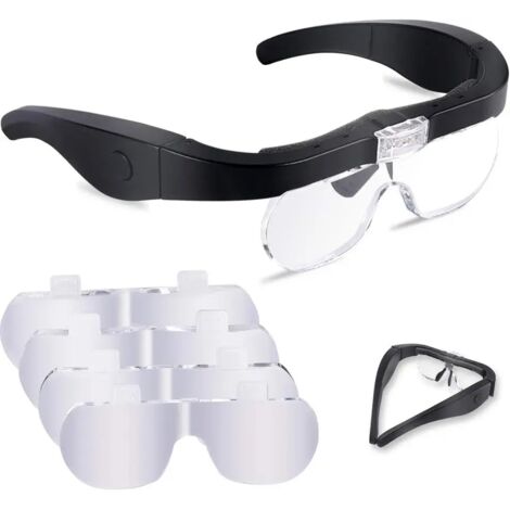 Lunette Loupe avec 2 LED, Frontale Grossissantes Casque Loupe Mains Libres avec 4 Lentilles Amovibles pour Lecture, Bijoutier, Couture, et Bricolage (1.5X-5X)
