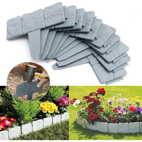 10pcs Bordure De Jardin en Pierre, Bordure De Jardin en Plastique Bordure De Pelouse Gris Bordure De Jardin Flexible, pour Bordure de pelouse Paysage Patio Lot de (10PCS-Gris)-Ensoleillé (1/5)