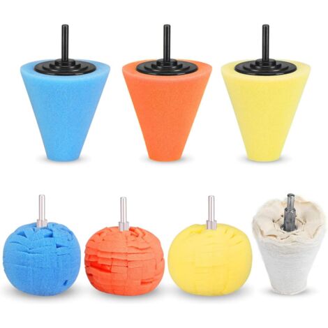 Boule de Polissage, 7Pièces 1/4" 6mm Tige éponge cône en métal Mousse de Polissage Pad Polissage Boule pour Les Soins des Roues de Voiture Automobile, pour l'aluminium en métal, Acier Inoxydable (1/5)