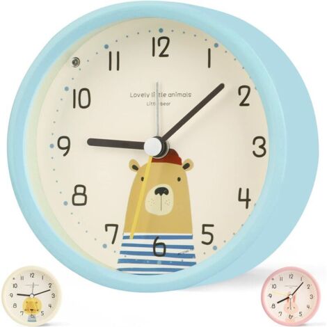 Réveil Enfant Analogique Garçon Fille Silencieux Horloges de Table alimentées par Batterie sans coutil de Chevet Grande Fonction Light pour Bureau de Chambre (Bleu-3)