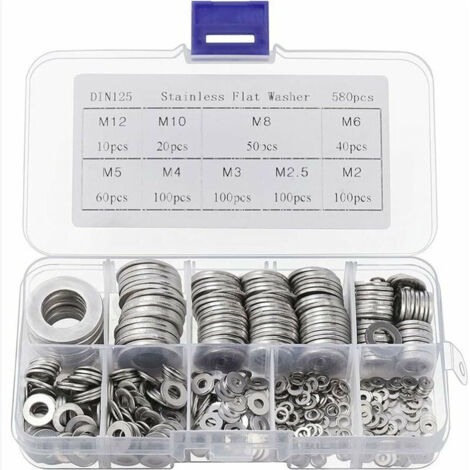 Rondelle Inox avec Boîte de Rangement (Lot de 580) - Assortiment de 9 Tailles M2, M2.5, M3, M4, M5, M6, M8, M10 & M12 - Lot de Rondelles Métal - Réparations, Usines & Décoration Intérieure (1/5)