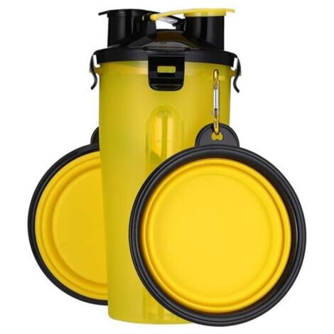 Bouteille d'eau pour Chien Portable,avec 2 Bols Pliables,2 en 1 Bouteille d'eau et Nourriture pour Chiens Chat Animaux,Voyage Bouteille pour la Marche,Exercice,Randonnée,Camping (jaune)