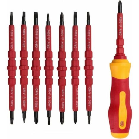 Lot de 7 tournevis d'électricien isolé 500 V avec tournevis testeur, tournevis isolé avec poignée, tournevis isolant magnétique interchangeable, kit d'outils de réparation