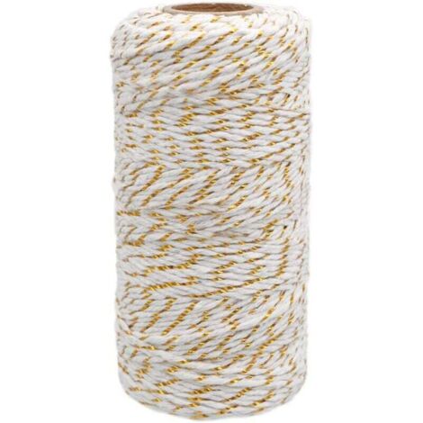 Ficelle de Coton Noël, Baker's Twine Corde Blanc avec fil doré, 2mm100M, pour l'emballage cadeau, Décoration, Loisirs Créatifs, Ensoleillé (1/5)