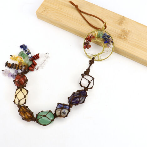 Chakra pierres arbre de vie ornement guérison naturelle 7 Chakra cristal suspendu ornement voiture fenêtre voiture maison Yoga décor(Style de cintrage en cuivre original doré)