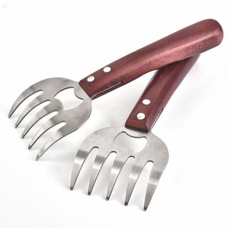 1 paire de fourchettes à viande en forme de patte d'ours en acier inoxydable pour déchiqueter ou tirer le porc/poulet/viande/dinde, gadgets de cuisine pour BBQ/griller/trancher la viande（Bois rouge） (1/5)