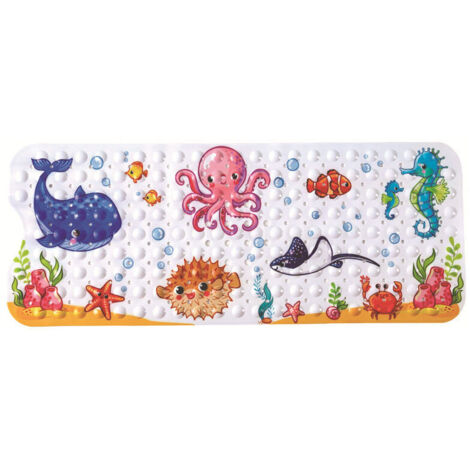 Tapis de Bain Antidérapant 100x40cm, Tapis de Baignoire Anti Glisse avec 200 Ventouse Matériel de PVC, Tapis de Douche avec de Dessin animé d'animaux Marins pour Enfants et Bébé,couleur, une pièce (1/5)