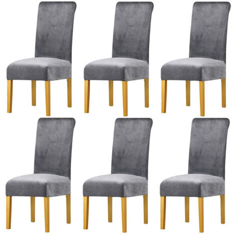 6 Pcs Housses de Chaise en Velours Protection de Chaise Gris Couverture de Chaise de Salle à Manger Extensible (1/5)