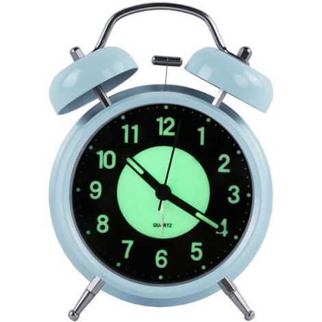 Veilleuse rétro réveil matin calme quartz réveil de chevet, horloge analogique de voyage réveil alimenté par batterie anti-tic double anneau enfants réveil avec veilleuse, 4 pouces (bleu)