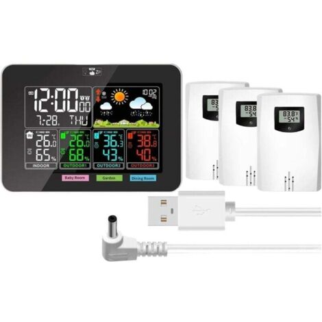 Ulisem Thermomètre météo, stations météo intérieures et extérieures sans fil, température, humidité, écran couleur VA, prévisions météo, pression barométrique, réveils (1/4)