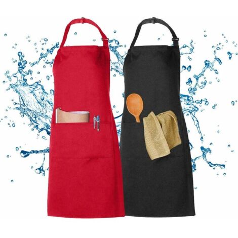 Lot de 2 Tabliers Imperméables Tablier de Cuisine Homme Femme Noir Rouge Tablier de Cuisine avec 2 Poches Tablier Femme Homme Tabliers à Bavette Restauration Tablier BBQ (1/5)
