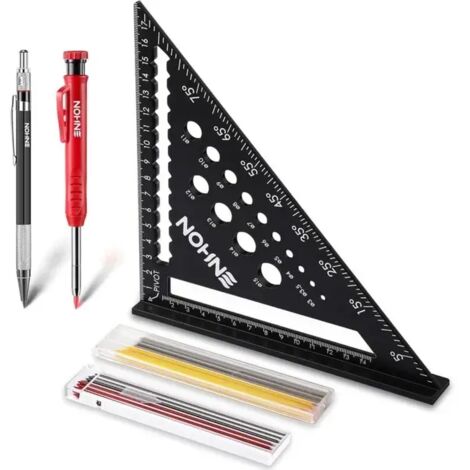 Equerre Menuisier, Charpentier Multifonction 180 mm [Crayon Chantier + 18 Mines] Metal, Règle de Menuisier Regle Trusquin Rapporteur de 45à90 Degrés (1/5)