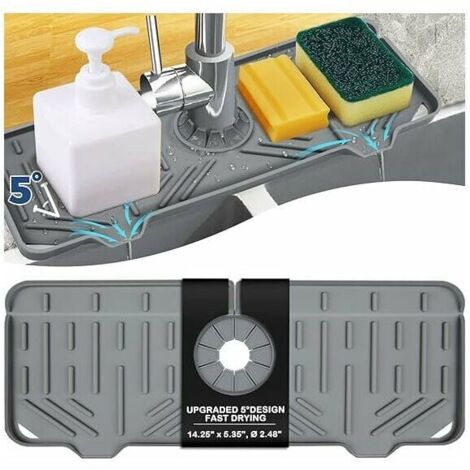 UlisemTapis de plateau anti-goutte en silicone avec poignée de robinet, porte-éponge pour savon à vaisselle pour accessoires d'évier de cuisine, tapis de séchage pour comptoir de cuisine (gris) (1/4)