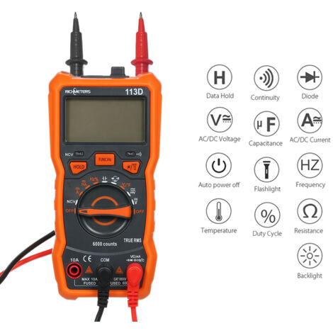 GARRYFIZH RICHMETERS RM113D NCV Multimètre numérique 6000 points Plage automatique Tension AC/DC Mesure de la température Lumière flash Rétro-éclairage Grand écran avec aspiration magnétique (1/5)