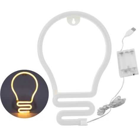 GARRYFIZH Enseigne lumineuse LED néon en forme d'ampoule pour décoration murale, idéale pour les fêtes, Noël et les mariages. Alimentation USB/piles, couleur chaude. (1/5)
