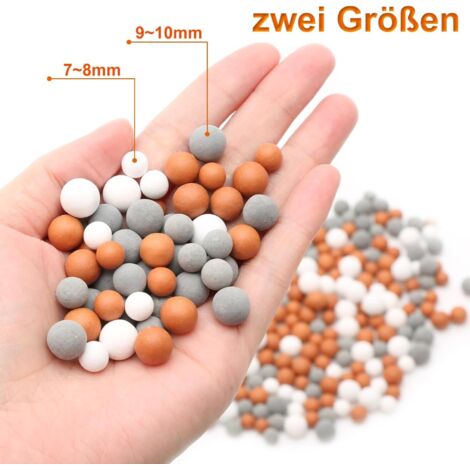 Pack de 6 billes minérales pour pommeau de douche – 7~8 mm et 9~10 mm – Adoucit l'eau dure et élimine le chlore (1/4)