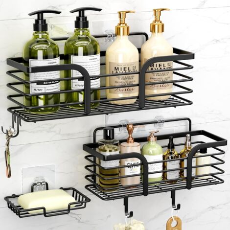 Étagère de douche adhésive avec porte-savon et 4 crochets, étagères en acier inoxydable antirouille pour salle de bain et cuisine (1/5)
