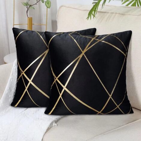Lot de 2 canapés noirs (sans coussin) Housse de coussin en velours 45 x 45 cm Coussins Housses de coussin décoratives Lignes dorées Coussins géométriques Salon Chambre à coucher Ottoman Housses de cou
