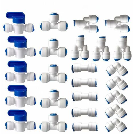 Raccord Osmoseur de filtre à eau, Raccord Droit 1/4\" (6MM) Pushfit pour Tuyau de Filtre à Eau, Raccords pour Réfrigérateur Tubes de (Robinet Combiné de Type Y + T + I + L + Robinet d\'Arrêt)25 pièces (1/5)