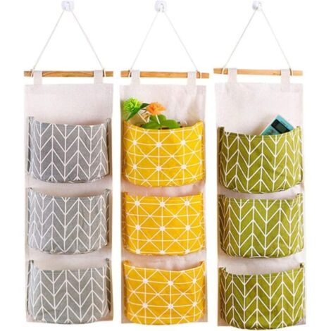 YMYNY Lot de 3 sacs de rangement muraux en coton et lin avec 3 poches, organiseur suspendu (1/4)