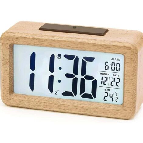 YMYNY Reveil Numerique, Reveil Matin a Piles en Bois avec Grand écran LCD, Horloge Numérique avec Rétroéclairage, Date, Température, Capteur de Lumière Automatique, Snooze (3 Piles AAA Incluses) (1/4)