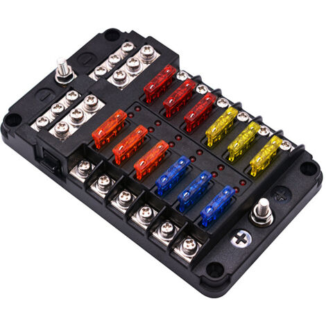 6/12 Voies Boîte Fusibles 12V, Porte Fusible Blocs Fusible Lame avec 16 Fusibles 6 Voyants LED Couvercle de Protection pour 12V/24V Voiture Bateau Marine Camion SUV (12 Voies) (1/5)