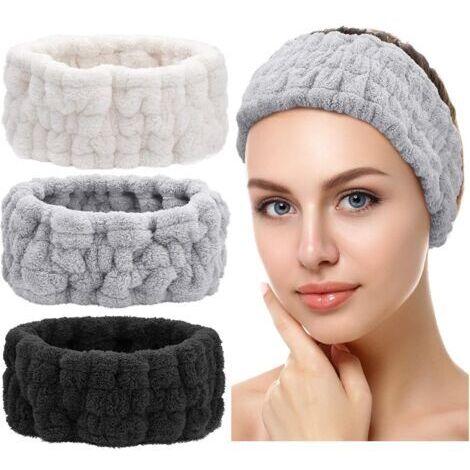 Bandeau en polaire corail, blanc, gris, noir, 17,57,6 cm, lot de 3, haute élasticité, convient pour se laver le visage et appliquer des masques. (1/5)