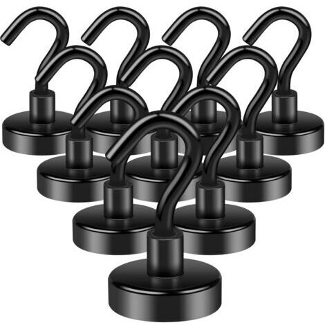 Lot de 10 crochets magnétiques en néodyme 15 kg pour réfrigérateur, cuisine, bureau, école, croisière, crochet de plafond robuste, argent, noir, 20 mm