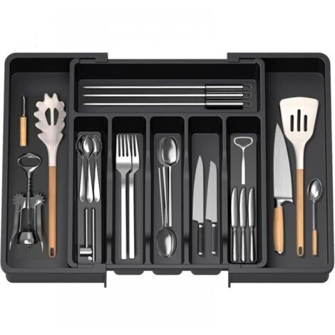 Range Couverts, Plateau d'Ustensiles Extensible pour Tiroir, Organisateur de Tiroir Réglable pour la Cuisine, Rangement Compact en Plastique pour contenir des Cuillères, Fourchettes, Noir (1/5)