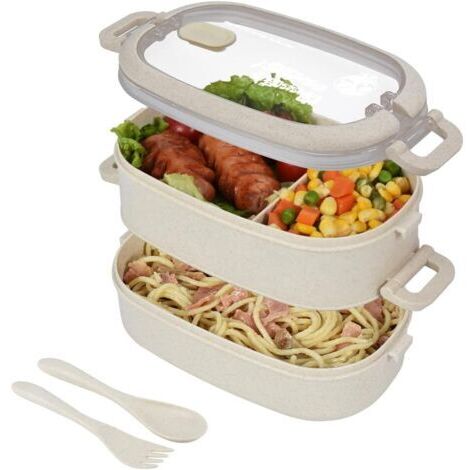 Beige Boite Repas en 2 étages avec le couvert, boite bento hermétique. Boite Déjeuner ideal pour le Pique-Nique, le Travail. Passe au Micro-Ondes et Lave-Vaiss (1/5)