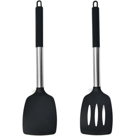 Lot de 2 petites spatules en silicone résistantes à la chaleur pour poisson, œufs, crêpes et plus encore (lot de 2, noir) (1/4)