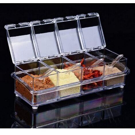 Clear - 4 Compartiments Assaisonnement Box Set Bocaux à Épices Sel Transparent, Bocaux à Épices Bocaux de Condiment de Cuisine avec 4 Cuillères Couvercles et Cuillères (1/5)